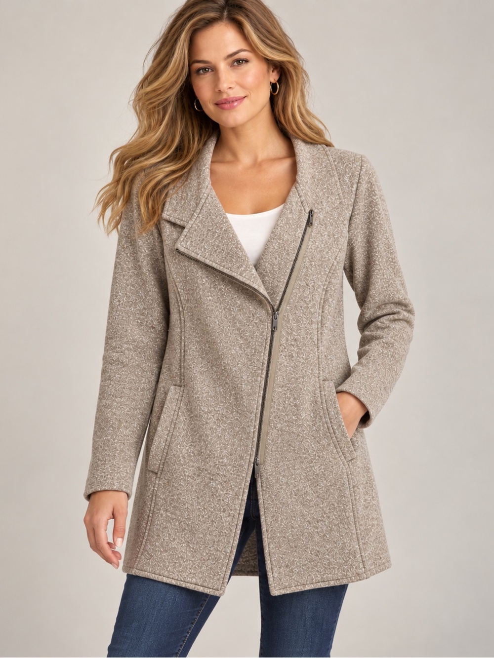 Banana Republic L Tan Marled Longline Sweater Jacket Asymmetrical Zip